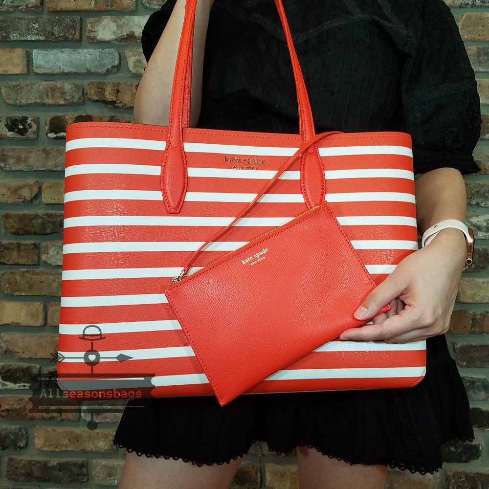 Kate Spade ALL DAY Sailing Tote Tamarillo Multi STRIPED orange and White LARGE